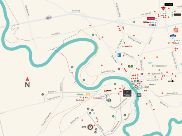 Map of a city area, showcasing streets, rivers, and landmarks. Various logos and symbols indicate locations of interest like museums, transit stations, shopping areas, and new condos in the GTA. A compass rose points north, with a highlighted site marked in the southwest.