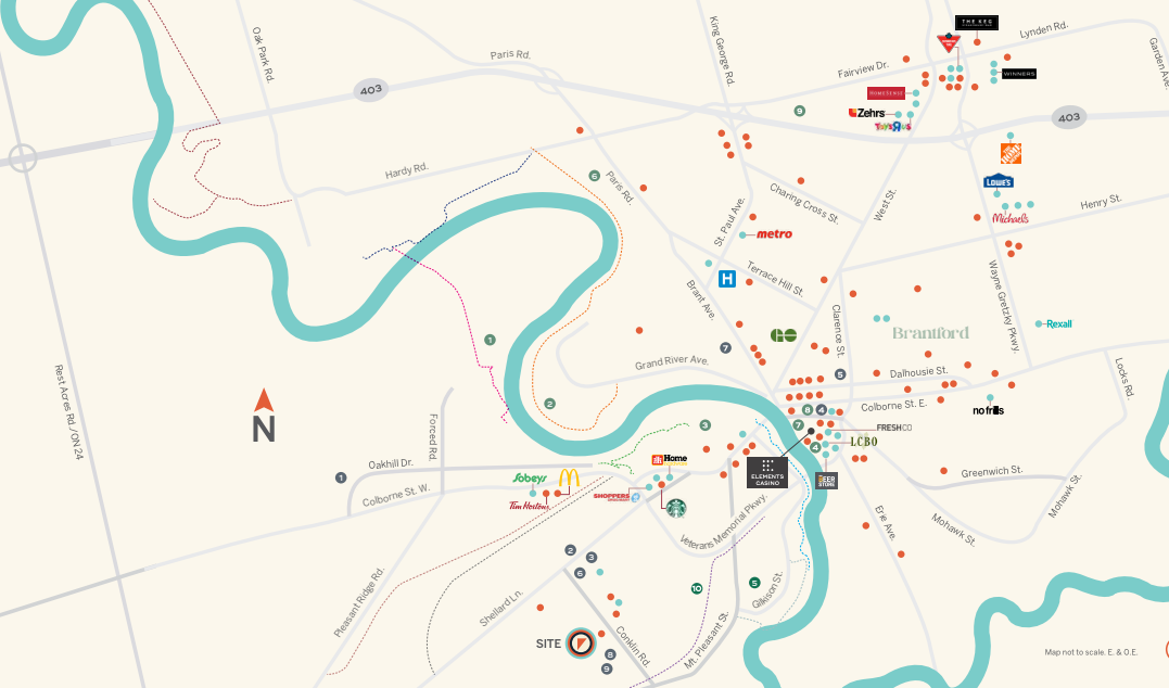 Map of a city area, showcasing streets, rivers, and landmarks. Various logos and symbols indicate locations of interest like museums, transit stations, shopping areas, and new condos in the GTA. A compass rose points north, with a highlighted site marked in the southwest.