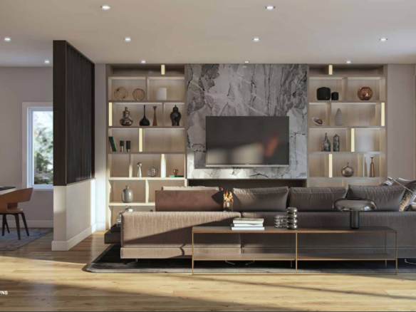 A modern living room with a large brown sectional sofa faces a wall-mounted TV. The wall showcases built-in shelves with decorative items. Bathed in natural light from windows and recessed ceiling lights, it exudes warmth. A dining area is visible to the left, ideal for those considering new condos in GTA.
