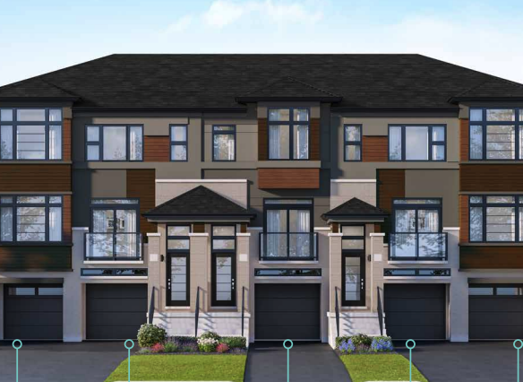 Discover modern townhouse living with this stylish complex in Brampton, featuring three connected units. Each home includes a garage and expansive windows that showcase the elegant beige, brown, and gray exterior. Small lawns and a few shrubs add charm to the welcoming façade of these new homes.
