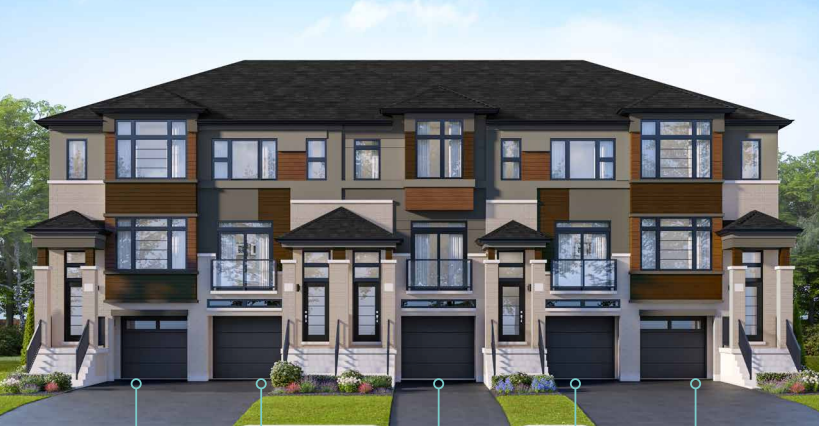 Discover modern townhouse living with this stylish complex in Brampton, featuring three connected units. Each home includes a garage and expansive windows that showcase the elegant beige, brown, and gray exterior. Small lawns and a few shrubs add charm to the welcoming façade of these new homes.