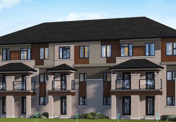 Explore our modern townhouse complex in Brampton, featuring three stories with a blend of brick and wood paneling. Each unit boasts a small balcony, large windows, and a black roof. The surrounding landscape is adorned with lush greenery beneath a clear blue sky.