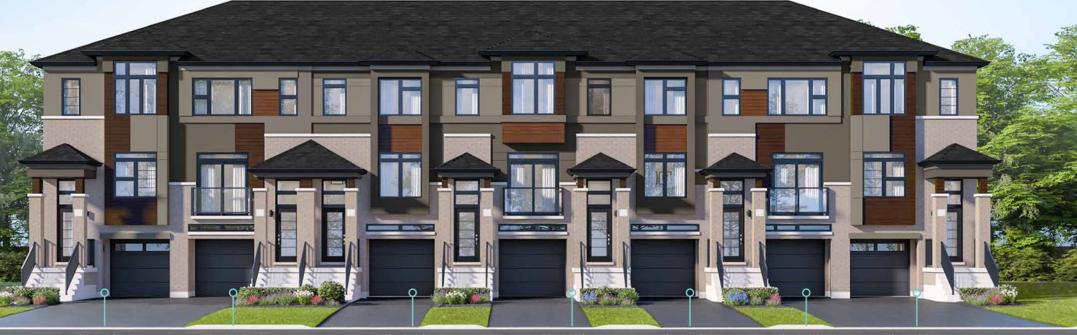 A row of new homes with dark roofs, large windows, and varied paneling in neutral shades. Each unit features a black garage door and a small landscaped front yard with grass and flowers. Trees provide a lush backdrop, enhancing the appeal of this modern community.