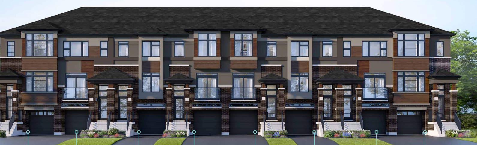 A row of modern townhouses with brown and beige exteriors features large windows and individual driveways. These pre-construction homes boast dark roofs accented with brickwork. Small grass patches adorn the front of each unit, while trees are visible on the right.