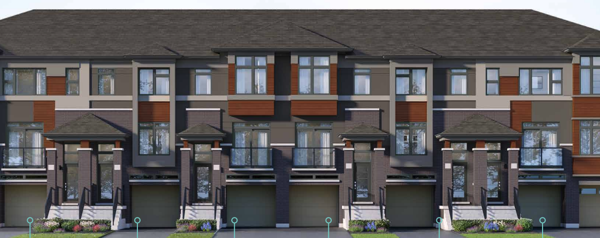 A row of modern townhouses with a mix of gray, brown, and beige panels. Each unit features large windows, a garage, and a small staircase to the entrance. Small landscaped areas in front enhance the appeal of these new condos in GTA.