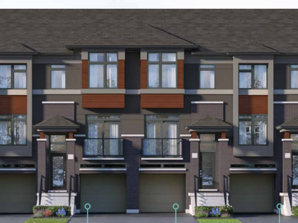 A row of modern townhouses with a mix of gray, brown, and beige panels. Each unit features large windows, a garage, and a small staircase to the entrance. Small landscaped areas in front enhance the appeal of these new condos in GTA.