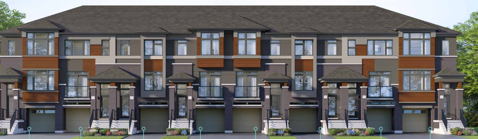 A row of modern townhouses with a mix of gray, brown, and beige panels. Each unit features large windows, a garage, and a small staircase to the entrance. Small landscaped areas in front enhance the appeal of these new condos in GTA.