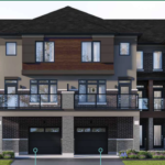 Discover a row of modern townhouses featuring brick and panel siding, large windows, and spacious balconies. Each unit offers a garage and driveway, nestled in a landscaped area with grass and shrubs. Ideal for those seeking new homes in the GTA with advanced design and comfort.