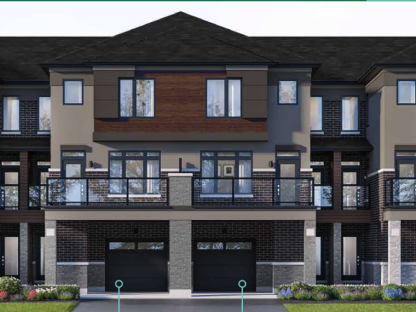 Discover a row of modern townhouses featuring brick and panel siding, large windows, and spacious balconies. Each unit offers a garage and driveway, nestled in a landscaped area with grass and shrubs. Ideal for those seeking new homes in the GTA with advanced design and comfort.