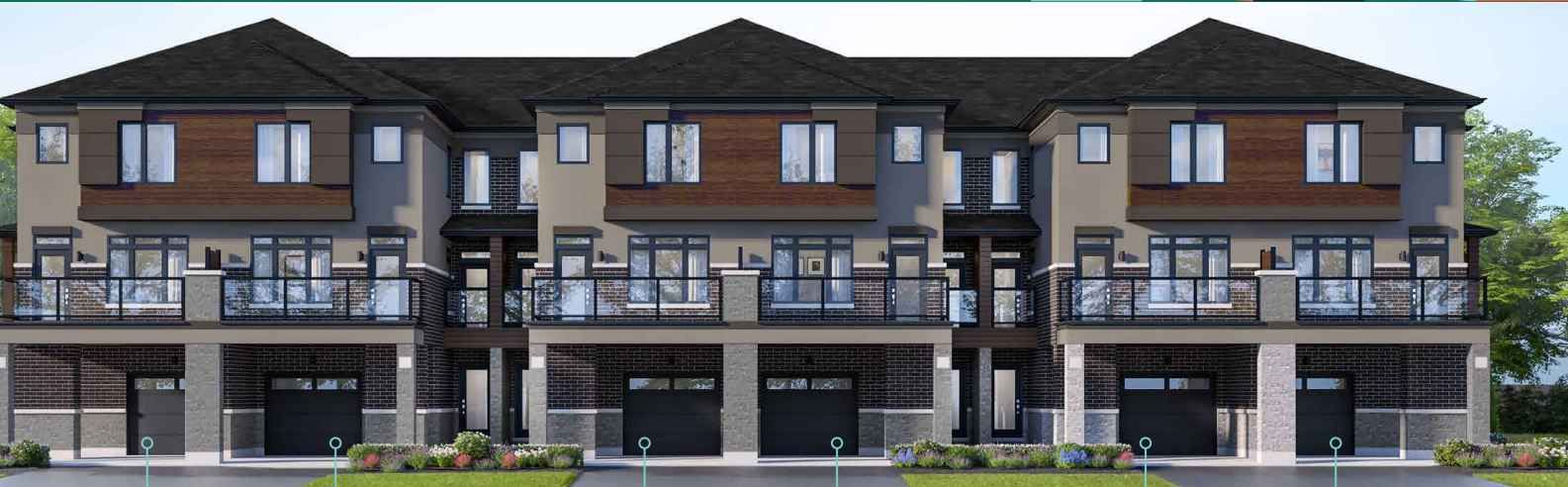 Discover a row of modern townhouses featuring brick and panel siding, large windows, and spacious balconies. Each unit offers a garage and driveway, nestled in a landscaped area with grass and shrubs. Ideal for those seeking new homes in the GTA with advanced design and comfort.