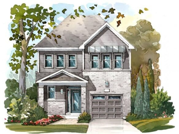 A watercolor illustration captures a two-story gray brick house with a front porch, surrounded by greenery and trees. The blue sky is dotted with clouds, framed by leaves in this calm, peaceful neighborhood setting—perfect for those seeking new homes.