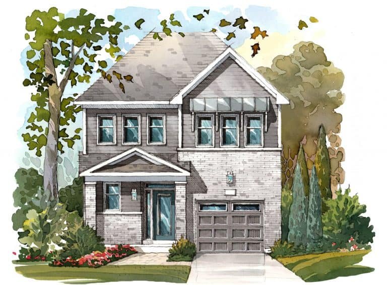 A watercolor illustration captures a two-story gray brick house with a front porch, surrounded by greenery and trees. The blue sky is dotted with clouds, framed by leaves in this calm, peaceful neighborhood setting—perfect for those seeking new homes.