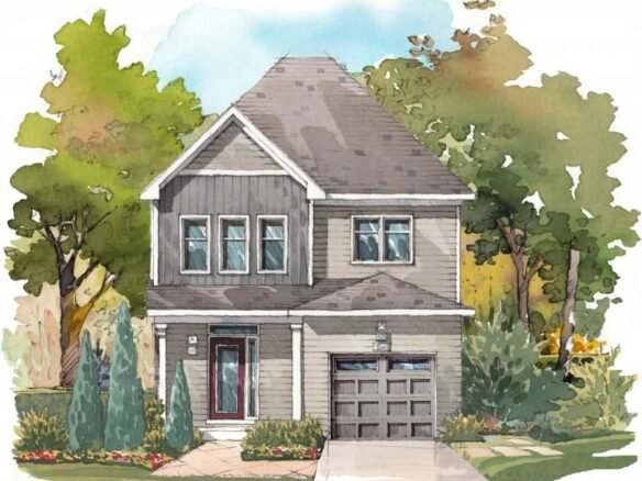 A watercolor painting of a new home in GTA, showcasing a charming two-story house with a gabled roof. Surrounded by lush greenery, including trees and shrubs, it features a garage, a front door with side windows, and a neatly landscaped yard.