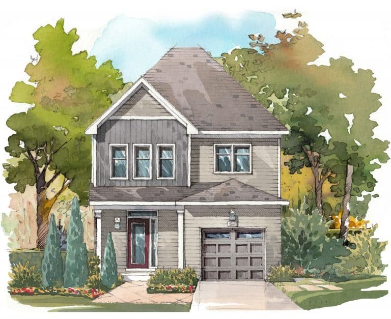 A watercolor painting of a new home in GTA, showcasing a charming two-story house with a gabled roof. Surrounded by lush greenery, including trees and shrubs, it features a garage, a front door with side windows, and a neatly landscaped yard.