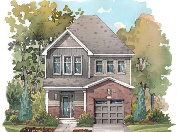A watercolor illustration of a two-story pre-construction home with a blend of gray and brick exterior, surrounded by trees and bushes. A pathway leads to the front door and garage, under a partly cloudy sky.