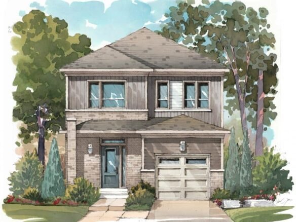 A watercolor illustration of a two-story house, reminiscent of new homes in GTA, features a front door, garage, and large windows. The house is surrounded by trees and shrubs, with a pathway leading to the entrance. A clear blue sky with a few clouds gently frames the scene.