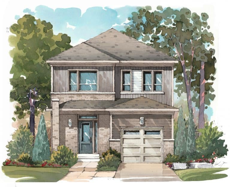 A watercolor illustration of a two-story house, reminiscent of new homes in GTA, features a front door, garage, and large windows. The house is surrounded by trees and shrubs, with a pathway leading to the entrance. A clear blue sky with a few clouds gently frames the scene.
