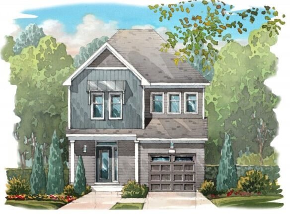 A watercolor illustration of a two-story house with gray siding and garage, reminiscent of new homes in GTA. It's surrounded by neatly trimmed shrubs and trees under a clear sky with a few clouds, while a path meanders to the front door.