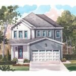 Illustration of a modern two-story house, typical of new homes in GTA, with a pitched roof, white siding, and gray accents. It features a double garage and a red front door. The surrounding yard boasts manicured bushes and trees set against a cloudy sky.