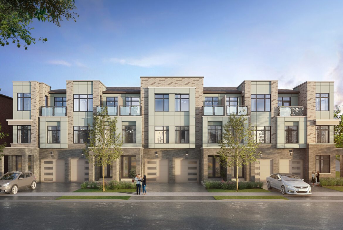 Discover this modern townhouse complex featuring three floors, large windows, and small balconies. Nestled in a picturesque setting with trees and parked cars lining the street, the sky is partly cloudy as people stroll on the sidewalk. Explore new homes in Brampton for your next perfect home.