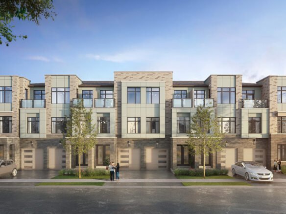 Discover this modern townhouse complex featuring three floors, large windows, and small balconies. Nestled in a picturesque setting with trees and parked cars lining the street, the sky is partly cloudy as people stroll on the sidewalk. Explore new homes in Brampton for your next perfect home.