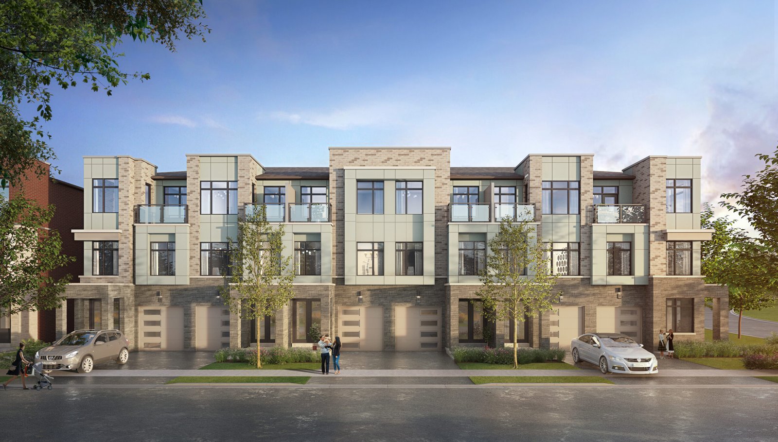 Discover this modern townhouse complex featuring three floors, large windows, and small balconies. Nestled in a picturesque setting with trees and parked cars lining the street, the sky is partly cloudy as people stroll on the sidewalk. Explore new homes in Brampton for your next perfect home.