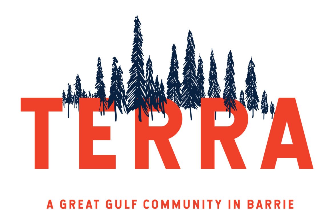Logo for "Terra" featuring stylized black trees above bold red letters. Below, the text reads: "A Great Gulf Community in Barrie." Discover exciting new homes with modern designs that suit your lifestyle.