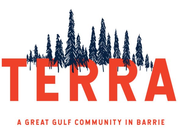 Logo for "Terra" featuring stylized black trees above bold red letters. Below, the text reads: "A Great Gulf Community in Barrie." Discover exciting new homes with modern designs that suit your lifestyle.