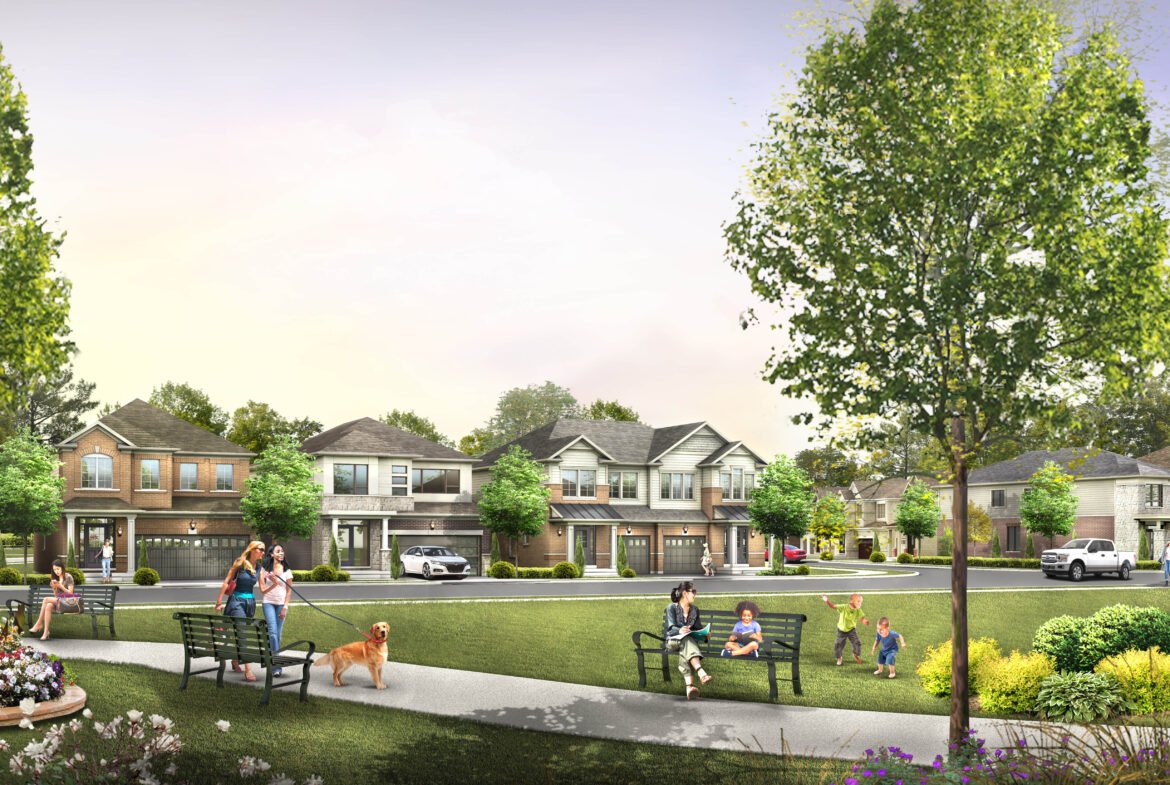 In a suburban neighborhood scene, families enjoy a park with children at play and someone walking a dog. Surrounding the park are modern houses and well-kept lawns under a clear sky, hinting at new homes in Brampton that enhance the community's charm.