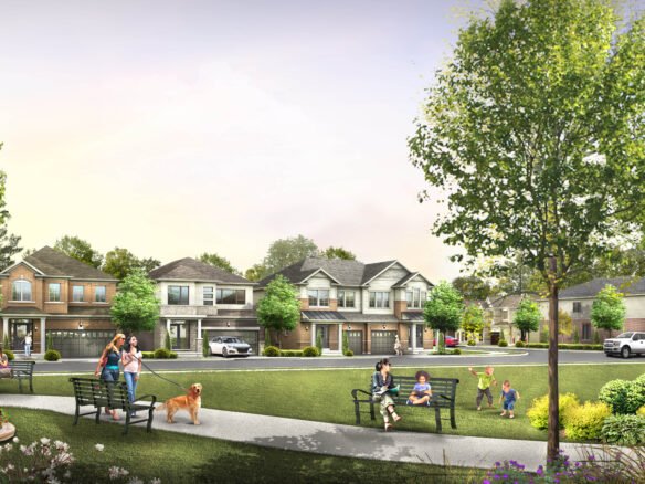 In a suburban neighborhood scene, families enjoy a park with children at play and someone walking a dog. Surrounding the park are modern houses and well-kept lawns under a clear sky, hinting at new homes in Brampton that enhance the community's charm.