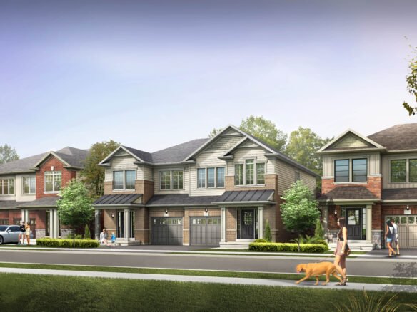 A row of suburban houses with varying architectural styles lines a tree-filled street. People stroll the sidewalk, and a dog is being walked. Cars are parked in driveways and on the street under a clear blue sky, complementing the new homes in Brampton.