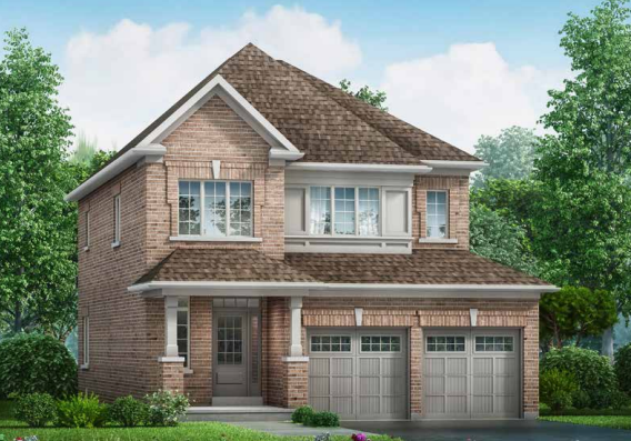 This two-story brick house boasts a brown roof and expansive windows. The entrance features a front door with sidelights, complemented by a two-car garage with matching brown doors. Surrounded by lush green shrubs and trees under a clear blue sky, it offers a perfect blend of nature and elegance often found in new homes.