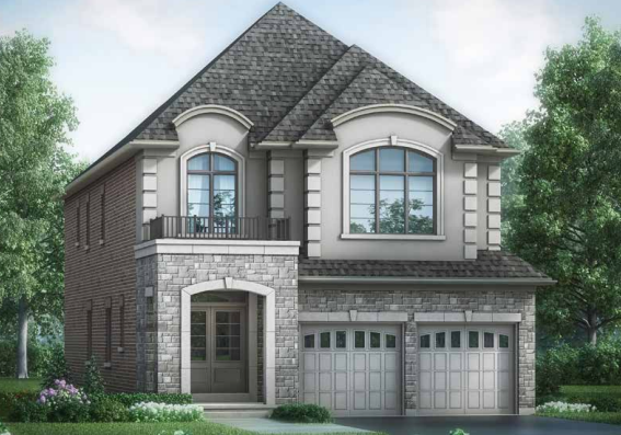 Illustration of a two-story house with a brick and stone facade. The design features large arched windows, dual garage doors, and a covered entrance. Surrounded by greenery and trees, the home showcases a steeply pitched roof and paved driveway—a perfect example of new homes in Brampton.