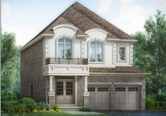 A two-story house with a brown shingled roof, brick and stone facade, and two arched second-floor windows. This new home features a small balcony, a double garage, and is surrounded by trees and greenery.