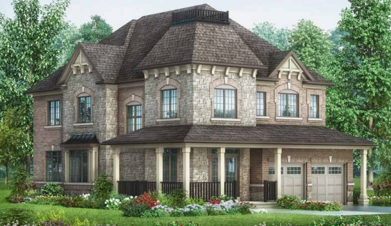 A large, two-story stone and brick house with a steep, dark shingled roof. It features multiple windows, a porch, and a two-car garage. The property is surrounded by lush greenery and well-maintained flower beds—a perfect example of new homes in Brampton.