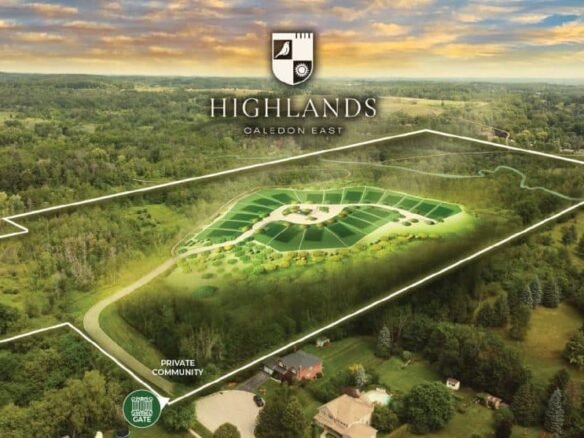 Aerial view of a green, forested area labeled "Highlands Caledon East" showcases a landscaped development with open spaces and nearby homes. The corner text reads "Private Community - Spring 2023 Gated," highlighting the exclusive allure of this serene neighborhood.