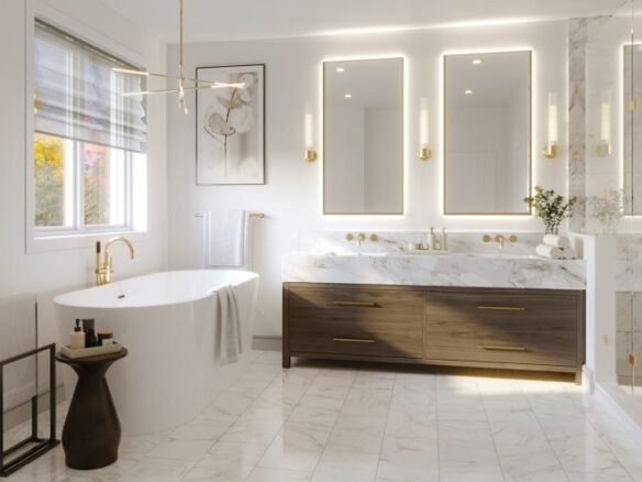 A modern bathroom in one of the luxurious Caledon East Homes features a freestanding bathtub, dark wooden vanity with marble countertop and double sinks, illuminated mirrors, and a glass shower. Decorative lighting, lush plants, and a large window with gray blinds complete this serene Highland retreat.