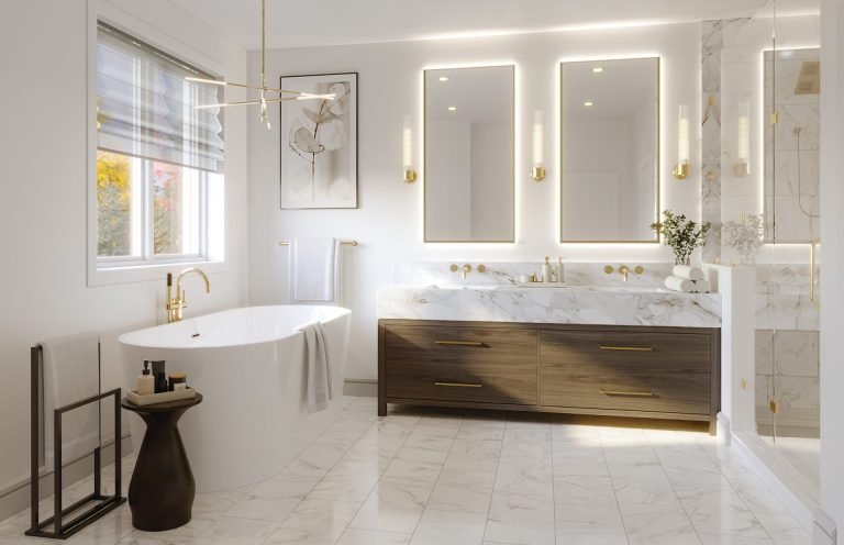 A modern bathroom in one of the luxurious Caledon East Homes features a freestanding bathtub, dark wooden vanity with marble countertop and double sinks, illuminated mirrors, and a glass shower. Decorative lighting, lush plants, and a large window with gray blinds complete this serene Highland retreat.