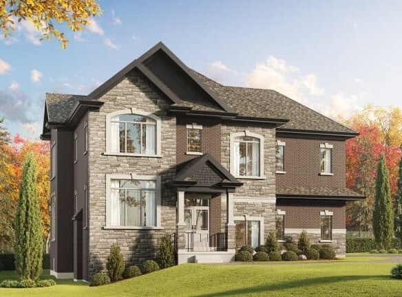 A large, two-story house in Caledon East features a mix of brick and stone exterior, steep gabled roofs, and arched windows. It's surrounded by a well-manicured lawn, bushes, and evergreen trees, with colorful autumn foliage in the background.