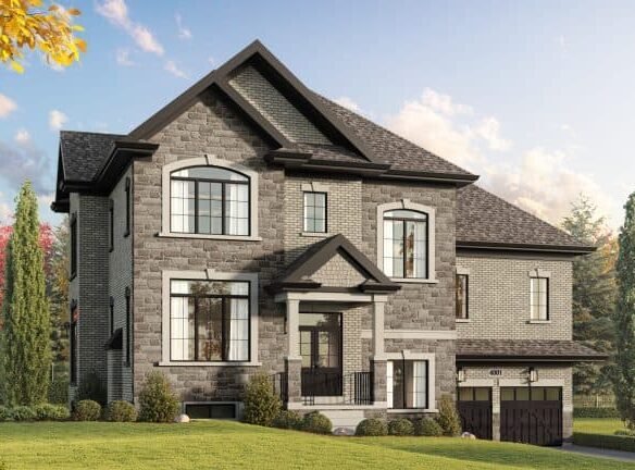 A large, two-story brick house in the Highlands with a steep roof and multiple windows. It features a double garage and a small front porch. The home is surrounded by a well-maintained lawn, bushes, and tall trees in the background under a clear sky.