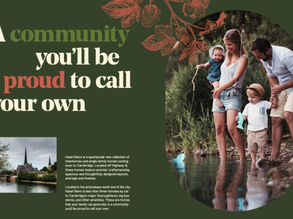 A family with two children plays near a pond, enjoying nature. Text reads, "A community you'll be proud to call your own," promoting new homes in Brampton's scenic location. The background features a church steeple and lush foliage, highlighting the charm of this exclusive setting.