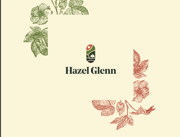 Graphic design featuring the text "Hazel Glenn" with a small logo above it. Green foliage decorates the top left corner and reddish-brown foliage accents the bottom right. The words "Westport Series Towns in Cambridge" highlight these exquisite pre-construction homes.