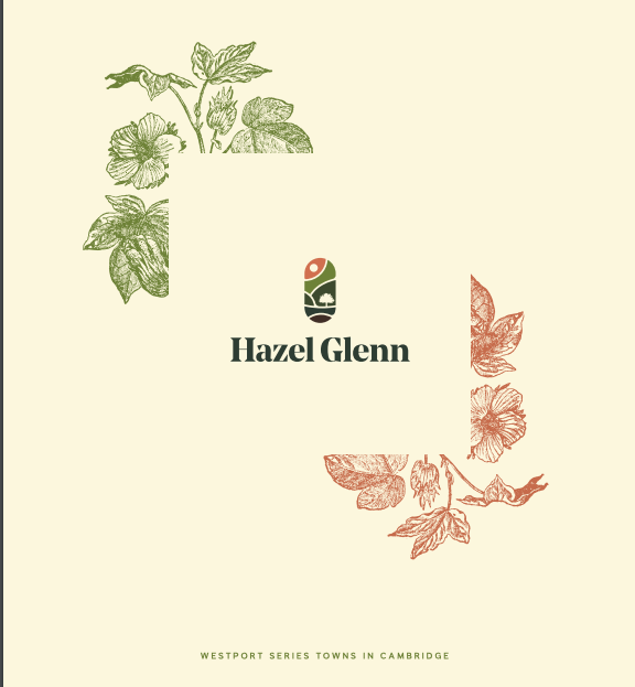 Graphic design featuring the text "Hazel Glenn" with a small logo above it. Green foliage decorates the top left corner and reddish-brown foliage accents the bottom right. The words "Westport Series Towns in Cambridge" highlight these exquisite pre-construction homes.
