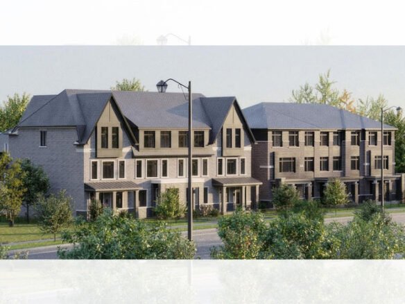 A row of modern townhouses with sloped roofs, two stories high, and large windows. These new homes are surrounded by small trees and bushes, with a street and lamppost in front. The clear sky suggests a sunny day perfect for exploring these vibrant neighborhoods.