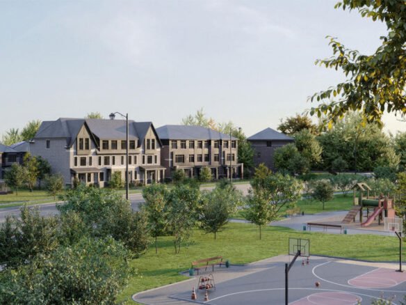 A residential neighborhood with modern townhouses facing a green park. The park features a playground, basketball court, and scattered trees. Nearby, new condos in GTA are under construction. The clear sky suggests a pleasant day.