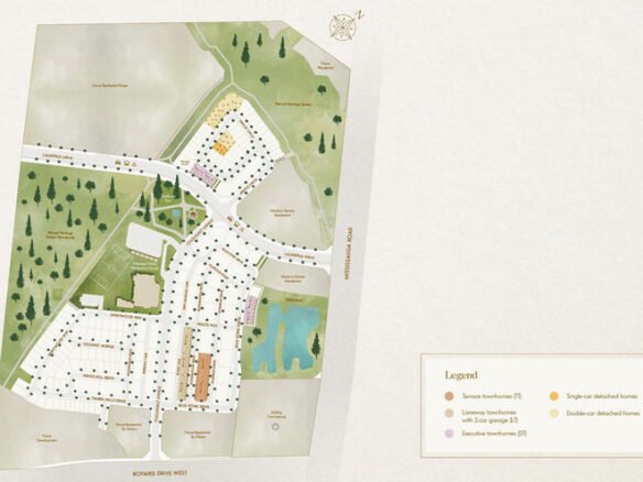 Discover a detailed map showcasing a residential development with various home styles, including new homes in Brampton. The layout features labeled roads and a legend indicating terrace, semi-detached, double, and executive homes, complemented by a small pond and greenery.