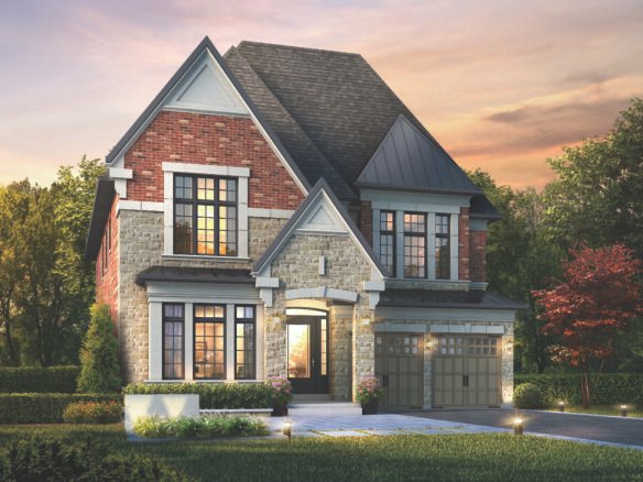 A modern two-story house with a brick and stone facade features large windows and a double garage. The well-kept garden is adorned with flowering plants and trees. A vibrant sky suggests sunset or sunrise, reminiscent of the elegance seen in new homes in Toronto.