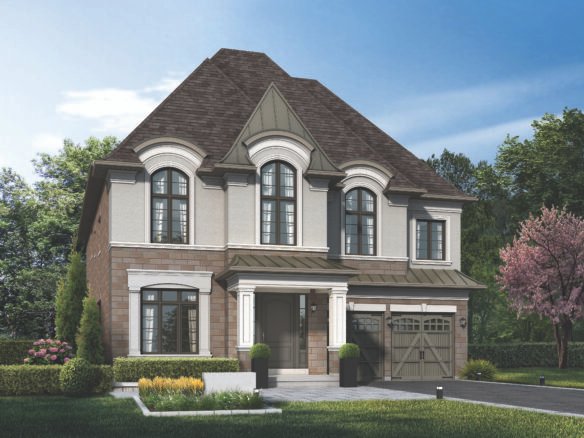 A beautiful two-story house in Toronto showcases a stunning blend of stone and stucco exterior, with tall arched windows and a steep hip roof. The property includes a garage amidst green shrubs and a blooming tree, all framed by lush trees against a clear blue sky. Perfect for those seeking new homes.