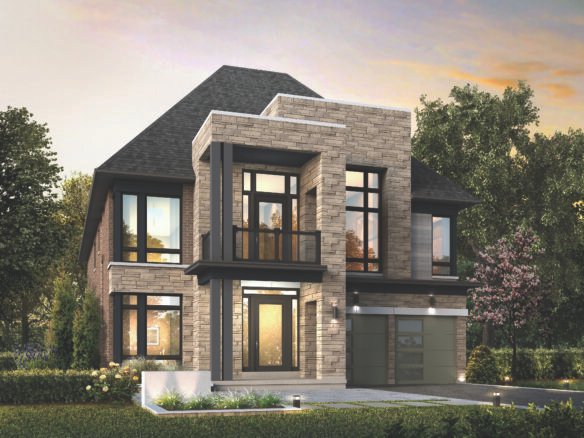Discover a stunning modern two-story house with large windows, a stone facade, and a sloped dark roof. Nestled among trees and a small garden, it is brilliantly showcased by soft outdoor lighting at sunset. Perfect for those exploring new homes in Toronto's vibrant landscape.