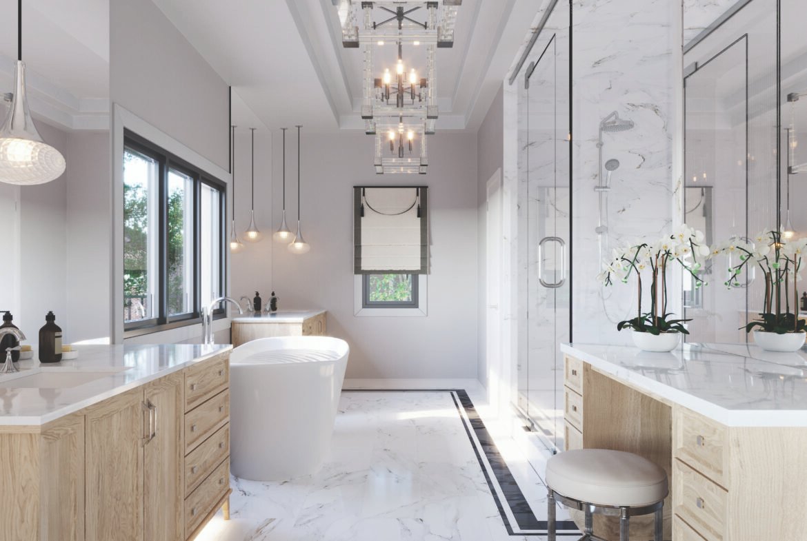 Discover a luxurious bathroom in one of the new homes featuring a freestanding bathtub, marble flooring, and countertops. Enjoy a spacious glass-enclosed shower, dual vanities with wooden cabinetry, and elegant pendant lighting complemented by orchids placed on the counter.